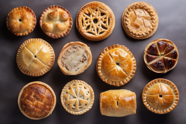 Collection of meat pies each in different shape and size created with generative ai