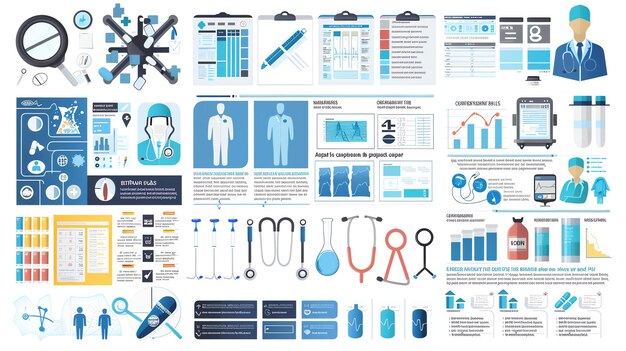 Foto una collezione di icone mediche e scientifiche a tema grafici e diagrammi le icone sono in una varietà di stili tra cui linea piatta e 3d