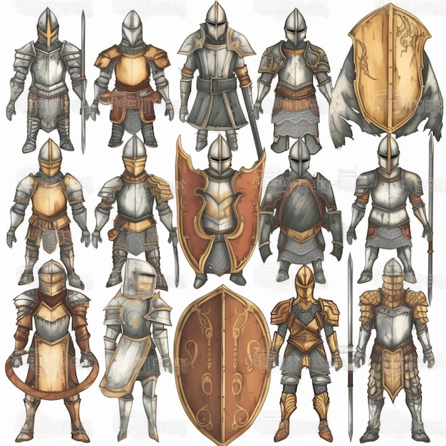 A collection of medieval armor and shields.