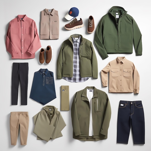 A collection of men's clothing including a jacket, pants, and a hat.