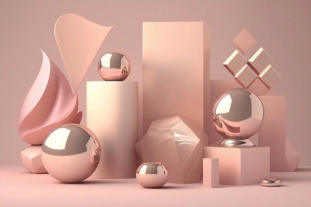 A collection of metallic balls and cubes on a pink background.