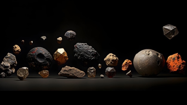 A collection of meteorites displayed in a scientific setting