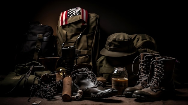 Photo a collection of military boots and a bag of gear are on a table memorial day