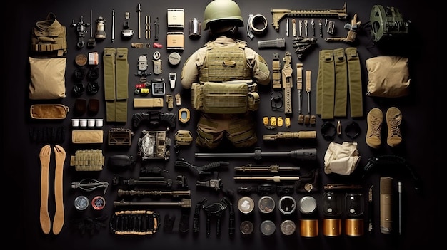 Photo a collection of military equipment generative ai art