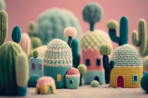 A collection of miniature houses with a cactus in the background.