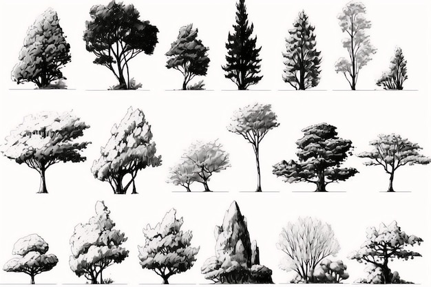 컬렉션 최소 스타일 트리 라인 드로잉 그래픽 나무 요소 봄의 측면 보기 세트