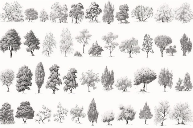 Photo collection minimal style tree line drawing side view set of graphics trees elements spring