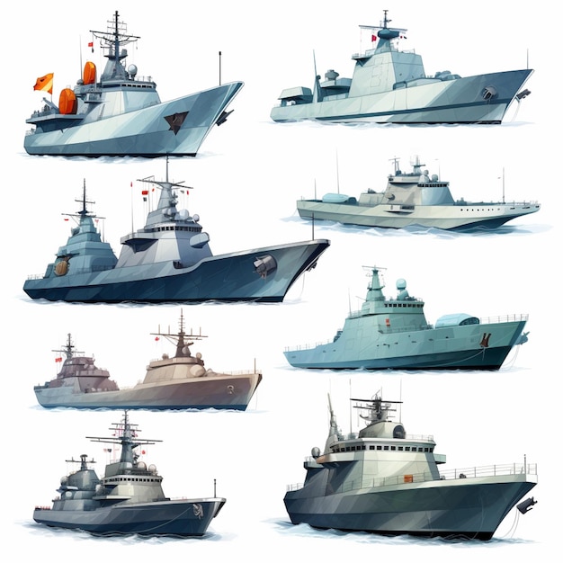 Photo collection of modern military ship heavy special nuclear battleship flat vector illustration stock