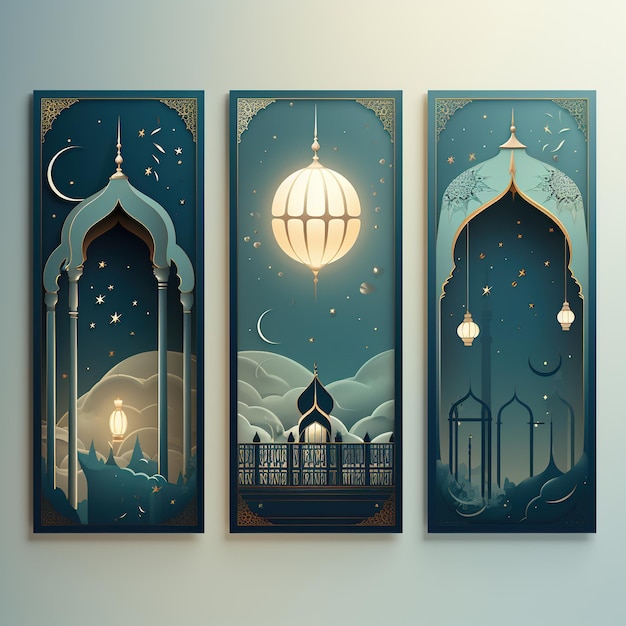 Photo collection of modern style ramadan mubarak greeting cards with retro boho design