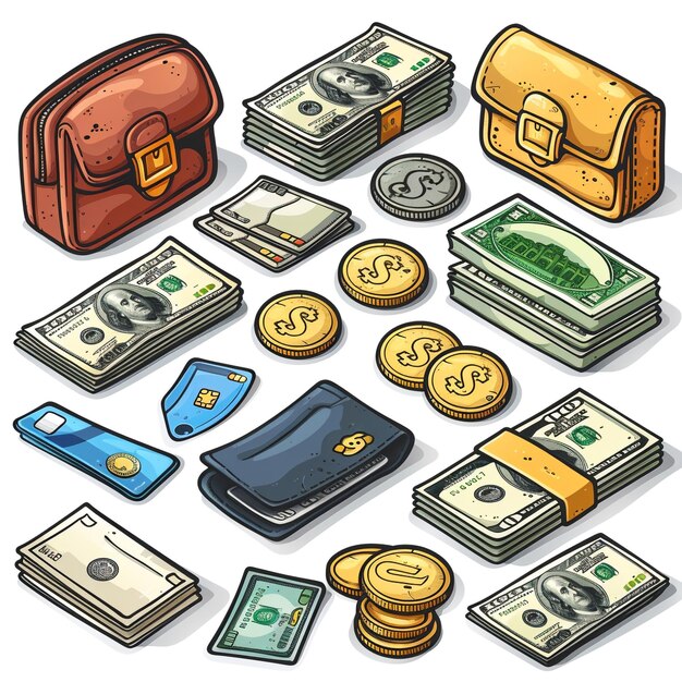 Photo a collection of money including a bag of money