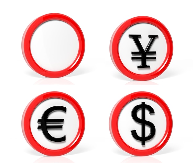 白い背景に分離されたお金のシンボルの交通標識のコレクション