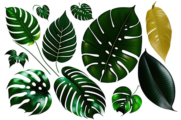 Collection of Monstera pholodendron plant leaves the tropical evergreen vine isolated on white back