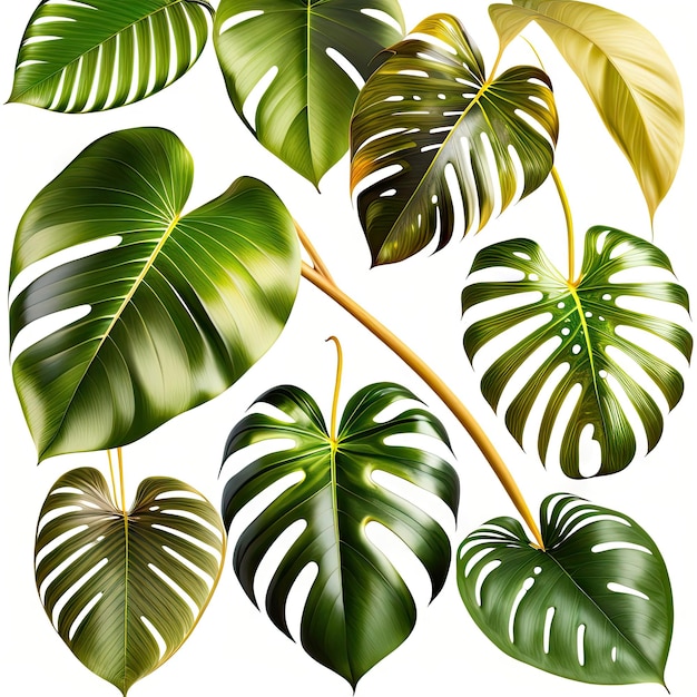 Photo collection of monstera pholodendron plant leaves the tropical evergreen vine isolated on white back