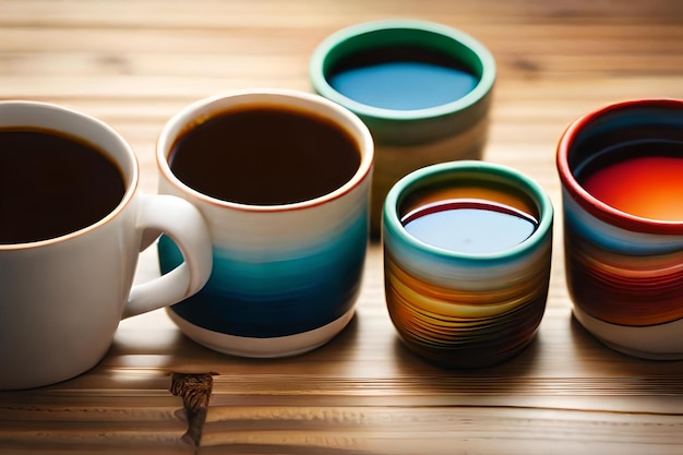 A collection of mugs with different colors and shapes.