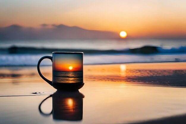 A collection of mugs with a sunset painted on themrealistic