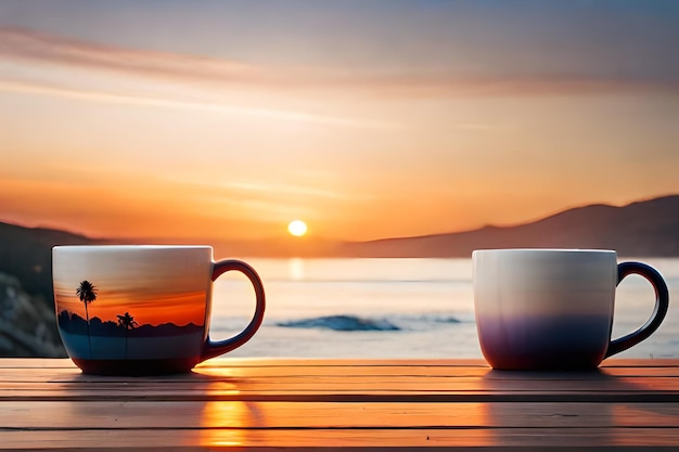 A collection of mugs with a sunset painted on themrealistic