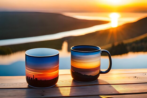 A collection of mugs with a sunset painted on themrealistic