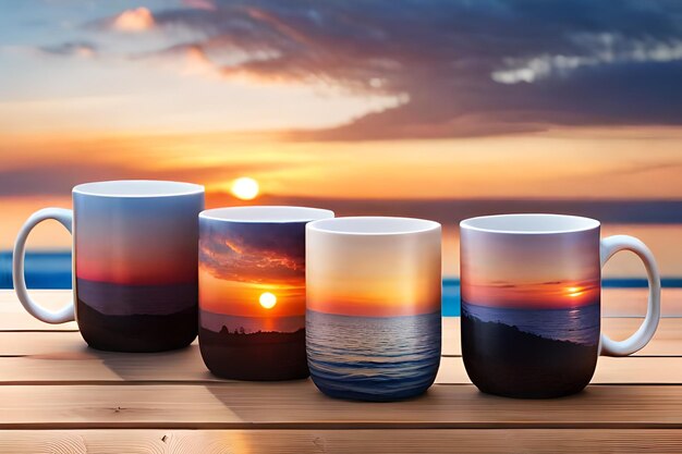 A collection of mugs with a sunset painted on themrealistic