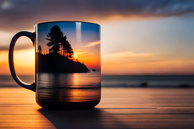 A collection of mugs with a sunset painted on themrealistic