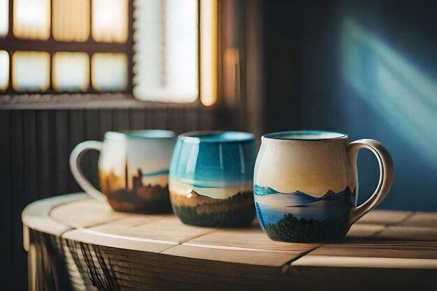 a collection of mugs with the sunset on the top.