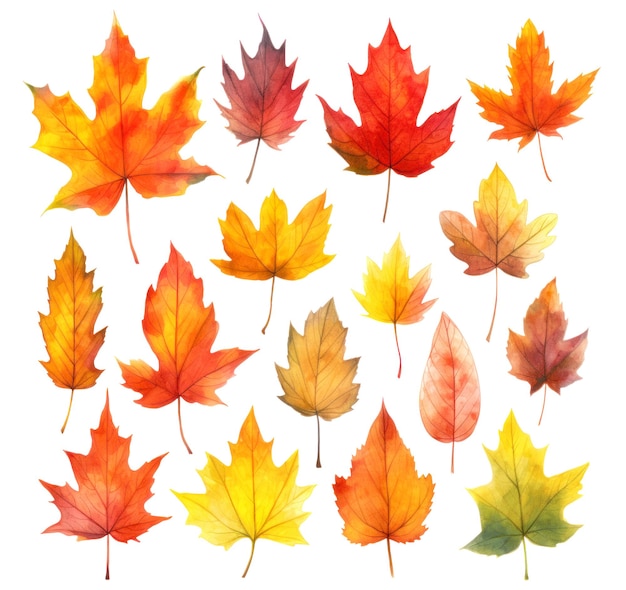 Collection of multicolored autumn maple leaves in watercolor style isolated on white background Generative AI illustration