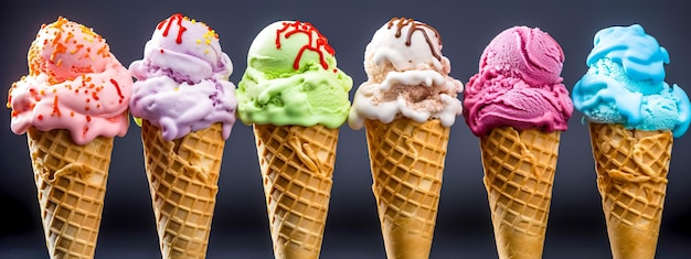 Collection of multicolored ice cream of various flavors in a waffle cone banner made with Generative AI