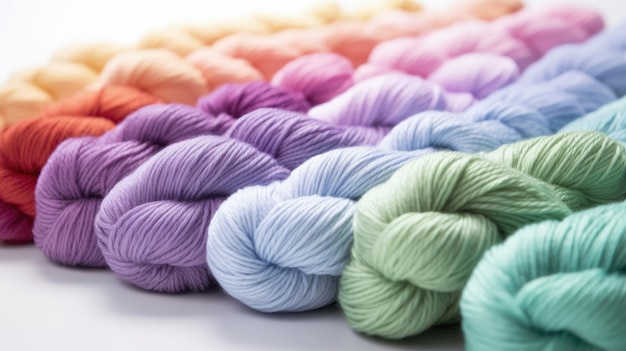 A collection of multicolored wool yarns are displayed on a white table.