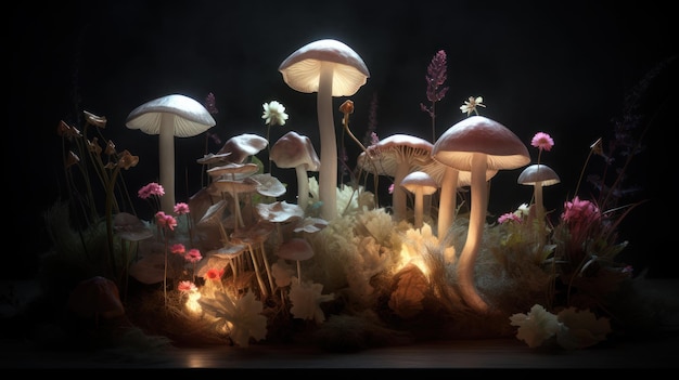 A collection of mushrooms in a dark room