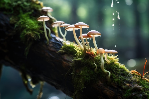 A collection of mushrooms sitting peacefully on a single tree branch Little fungus growing on a mossy tree side view AI Generated