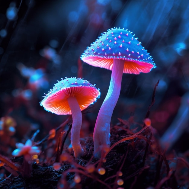 A collection of mushrooms that are lit up with neon lights