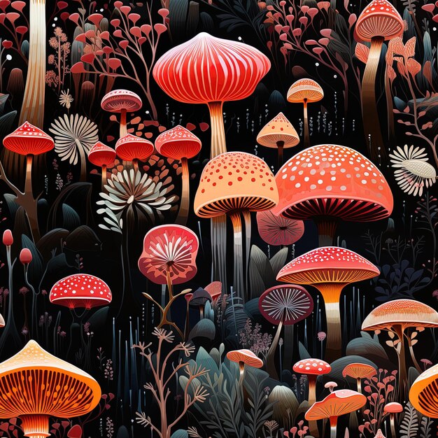 a collection of mushrooms with red and white dots and a red one