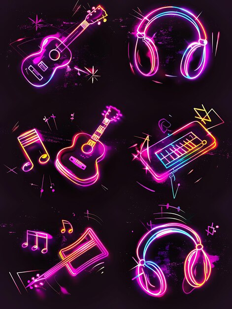 Photo collection of music icons with flickering neon glow in graff outline neon shape y2k art design