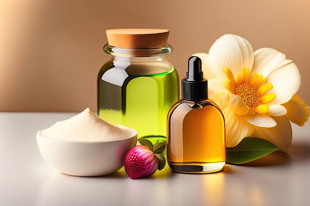 A collection of natural skincare bottle jar and pot with flowers and strawberry around