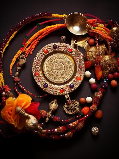 a collection of necklaces including a silver item with a red and orange color.