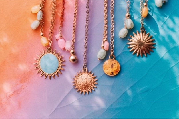 A collection of necklaces with the sun and moon on them