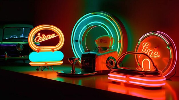 A collection of neon lights with a glass of wine and a sign that says " ciro ".