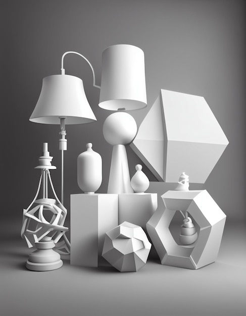 A collection of objects including a lamp, a lamp, a lamp, a lamp, and a box.