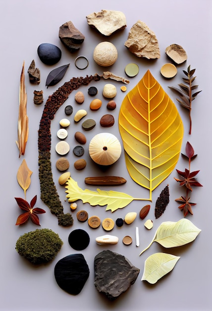 A collection of objects including a leaf and other items including a leaf.