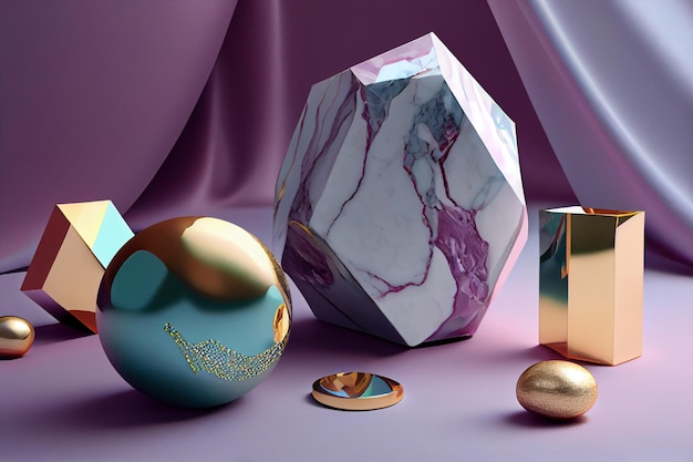 A collection of objects including a marble and a gold egg