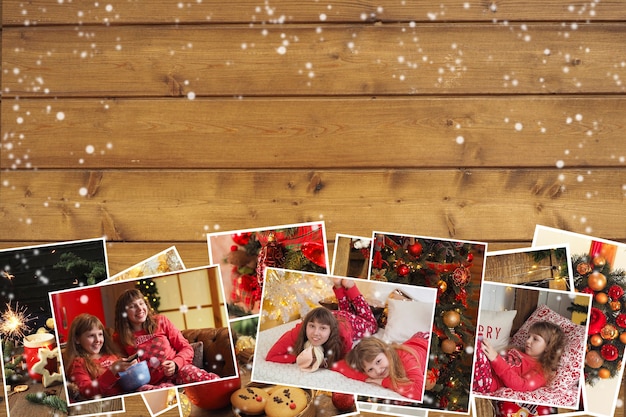 나무 갈색 배경에 잠옷, 쿠키, 장식 및 테이블 설정을 입은 아이들과 함께하는 크리스마스 사진 모음입니다. 복사 공간
