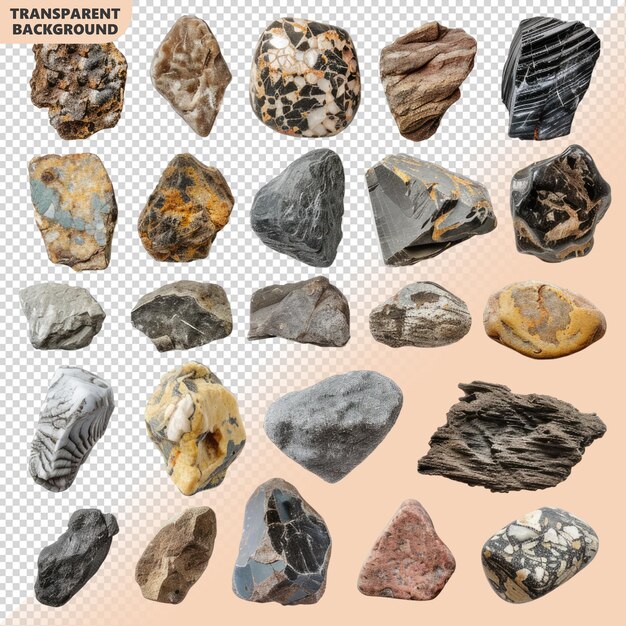 Фото Коллекция ископаемых пород, изолированных на прозрачном фоне