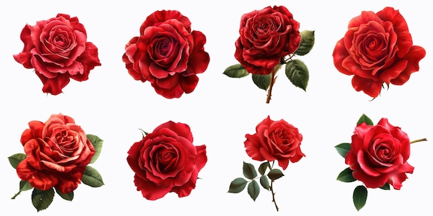 Фото Коллекция красных роз, изолированных на белом, идеально подходит для романтических и цветочных тем