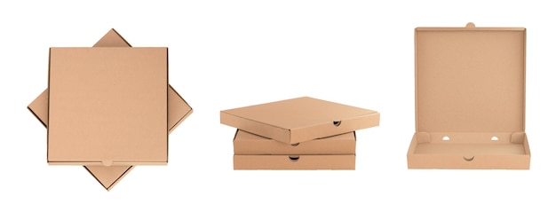 白い背景の上の様々なピザボックス食品段ボール配達パッケージのコレクション