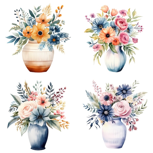 写真 ボヘミア風の花のアレンジメント鮮やかな色詳細なテクスチャ装飾的なブーケットを備えた手描きの水彩画の花瓶のコレクション