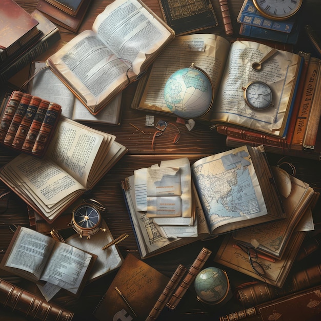 Foto una collezione di vecchi libri tra cui un globo e una bussola
