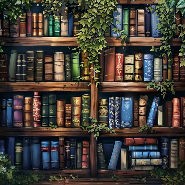 a collection of old books on a shelf with a green vine on the bottom