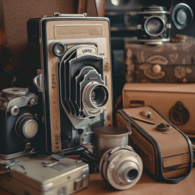 A collection of old cameras sitting on top of a wooden table Generative AI image