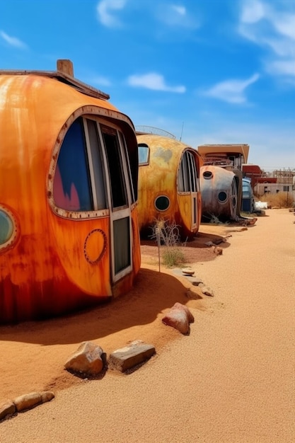 A collection of old campers in the desert