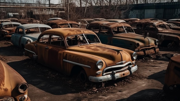 폐차장에 있는 오래된 자동차 컬렉션
