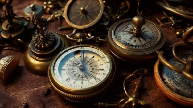 A collection of old clocks including a compass and a compass Generative AI